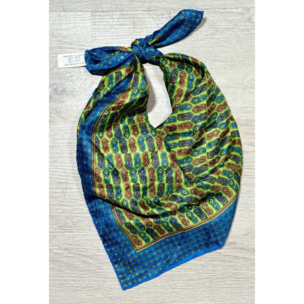 Vintage Sally Gee Rayon Silk Square Scarf Blue Green Paisley Floral 23" x 22"